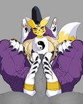 anthro breasts claws clothed clothing duo feet female foot_fetish foot_play footjob fur grey_body grey_skin male male/female sex stirrup_footwear toe_claws white_body white_fur yellow_body yellow_fur dottfeet bandai_namco digimon canid canine digimon_(species) fox humanoid mammal taomon 4:5 hi_res