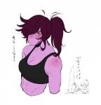 anthro athletic blush bodily_fluids bra clothed clothing female hair muscular muscular_anthro muscular_female orange_sclera orange_teeth ponytail purple_body purple_eyes purple_hair simple_background solo sports_bra sweat teeth text underwear white_background amiriari78 deltarune undertale_(series) susie_(deltarune) mammal reptile scalie 2018 digital_media_(artwork) hi_res japanese_text translated