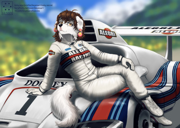 5_fingers anthro black_nose breasts brown_body brown_fur clothed clothed_anthro clothed_female clothing female fingers footwear fur gloves handwear humanoid_hands outside race_car racing_suit shoes sitting smile solo tail text white_body white_fur 6eyesandhooves canid canine canis domestic_dog mammal hi_res signature url