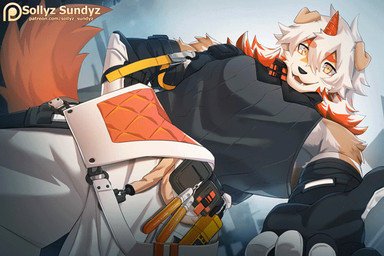 5_fingers anthro clothed clothing fingers horn looking_at_viewer low-angle_view male open_mouth open_smile patreon_logo patreon_username smile text sollyz arknights hypergryph patreon studio_montagne hung_(arknights) canid canine canis domestic_dog mammal 2020 2d_animation animated motion_tweening url