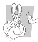 anthro bent_over big_breasts breasts cleavage clothed clothing disney duo electronics female freckles_(artist) hi_res holding_object holding_phone huge_breasts hyper hyper_breasts judy_hopps lagomorph leporid looking_at_object looking_at_phone mammal monochrome nipple_outline offscreen_character open_mouth phone rabbit zootopia