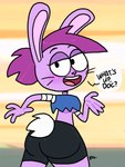 anthro big_butt black_bottomwear black_clothing bottomwear breasts butt clothed clothing cotton_tail female fur hair looking_back purple_body purple_fur purple_hair shorts side_boob simple_background speech_bubble whiskers theeyzmaster cartoon_network ok_k.o.!_let's_be_heroes bunny_enid enid_(ok_k.o.!_lbh) lagomorph leporid mammal rabbit 3:4