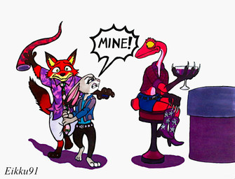 alcohol angry anthro bar bar_stool beverage boots bottomwear clothing container cowboy_boots cup denim denim_bottomwear denim_clothing denim_shorts dialogue drinking_glass female footwear furniture glass glass_container glass_cup group male missing_tail red_body red_scales scales shoes shorts star_pattern stool tail tail_removed trio wine_glass yelling yellow_eyes eikku91 disney zootopia gecko_cowgirl_(zootopia_2) judy_hopps nick_wilde canid canine european_rabbit fox gecko lagomorph leporid lizard mammal oryctolagus rabbit red_fox reptile scalie true_fox traditional_media_(artwork)