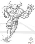 5_fingers anthro ball cloven_hooves coming_at_you fingers football_gear football_player gridiron_ball hooves male muscular muscular_male number_on_clothing number_on_jersey number_on_topwear outstretched_hand solo smutmutts bovid bovine mammal black_and_white monochrome signature sketch