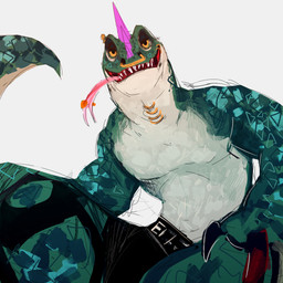 anthro belt black_bottomwear black_clothing bottomwear claws clothed clothing facial_piercing green_body green_scales head_spikes legband male male_anthro mouth_piercing muscular muscular_anthro muscular_male neck_piercing nose_piercing piercing purple_spikes scales simple_background sitting solo spikes spikes_(anatomy) tail tongue tongue_out tongue_piercing topless topless_anthro topless_male white_background yellow_sclera teiuvesper goat_(movie) sony_corporation sony_pictures modo_olachenko komodo_dragon lizard monitor_lizard reptile scalie 1:1 2026 digital_media_(artwork)