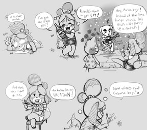 acoustic_guitar alcohol anthro beverage blush blush_stickers bodily_fluids bottomwear bubble clothing cocktail dialogue drooling drunk drunk_bubble female guitar male martini musical_instrument plucked_string_instrument saliva skirt string_instrument substance_intoxication tail tail_motion tailwag text yotomoe animal_crossing nintendo bob_(animal_crossing) isabelle_(animal_crossing) k.k._slider canid canine canis domestic_cat domestic_dog felid feline felis mammal shih_tzu toy_dog 2020 absurd_res english_text greyscale hi_res monochrome