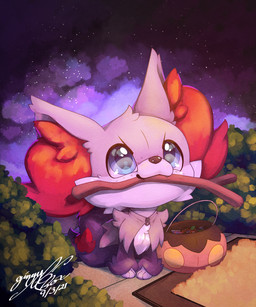 ambiguous_gender blue_eyes candy clothing costume dessert detailed_background food freckles holidays mouth_hold quadruped solo standing stick stick_in_mouth trick-or-treating year gingy_k_fox halloween nintendo pokemon gingy_(gingy_k_fox) delphox fennekin generation_6_pokemon pokemon_(species) 2021 dated digital_media_(artwork) shaded signature