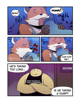 4_panel_comic annoyed anthro bathroom black_clothing black_shirt black_topwear blue_clothing blue_penis blue_shirt blue_topwear clothing crossed_arms cute_fangs dialogue disembodied_penis door fangs fellatio fur genitals glans glory_hole graffiti graffiti_on_wall group hand_on_penis heart_symbol licking male male/male moan oral orange_body orange_fur penile penis penis_grab penis_in_mouth penis_lick public_restroom restroom_sign restroom_stall sex shirt speech_bubble standing tank_top teeth text text_on_clothing tongue tongue_out topwear trio yellow_body t0l0k mario_bros nintendo fordan_(t0l0k) slayton_(t0l0k) canid canine fox hammer_bro koopa mammal reptile scalie sledge_bro turtle comic english_text hi_res multiple_scenes