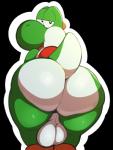 2017 alpha_channel anthro backsack balls big_balls big_butt butt butt_focus digital_media_(artwork) dinosaur genitals green_body green_scales green_yoshi half-closed_eyes hi_res jerseydevil looking_at_viewer looking_back looking_back_at_viewer male mario_bros narrowed_eyes nintendo open_mouth presenting presenting_hindquarters reptile saggy_balls scales scalie simple_background smile solo teapot_(body_type) tongue transparent_background uneven_balls white_balls white_body white_scales yoshi