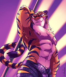 abs anthro areola armpit_hair biceps biped black_body black_fur blue_eyes body_hair bottomwear bulge chest_tuft clothed clothing countershading detailed_bulge fur genital_outline hand_behind_head looking_at_viewer low-angle_view male muscular muscular_anthro muscular_male navel nipples orange_body orange_fur pecs penis_outline pink_nose pole ribbons shorts skimpy smile smirk solo standing stripes stripper topless tuft white_body white_fur zootopia_shorts catsudon disney zootopia tiger_dancer_(zootopia) felid mammal pantherine tiger