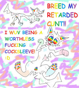 ^_^ ableist_slur animal_genitalia animal_vulva anus canine_genitalia canine_vulva eyes_closed female feral fur genitals multicolored_eyes multicolored_pawpads open_mouth open_smile pawpads profanity rainbow_eyes rainbow_inner_ear rainbow_nose rainbow_pawpads rainbow_pussy rainbow_text rainbow_vulva slur smile solo sparklefur text toony vulva white_body white_fur x_anus demensa rainbowpaw_(demensa) canid canine canis domestic_dog mammal 2025 english_text hi_res