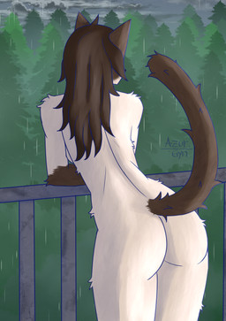 against_railing against_surface anthro breasts brown_hair butt cloud curvy_figure female fog forest forest_background hair leaning leaning_forward long_hair nude plant presenting presenting_hindquarters railing raining raised_tail rear_view solo tail tree azurgyn domestic_cat felid feline felis mammal siamese_cat digital_drawing_(artwork) digital_media_(artwork) hi_res signature