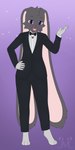 anthro bow_tie clothed clothing collar floppy_ears fur grey_body grey_fur hand_on_hip long_ears looking_at_viewer male purple_eyes suit suit_and_tie wide_hips jm-luxro lagomorph leporid mammal rabbit 1:2 absurd_res hi_res