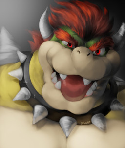 anthro collar hair horn male red_eyes red_hair sharp_teeth solo spiked_collar spikes tan_body teeth tongue yellow_body drgizmo mario_bros nintendo bowser koopa reptile scalie turtle hi_res portrait