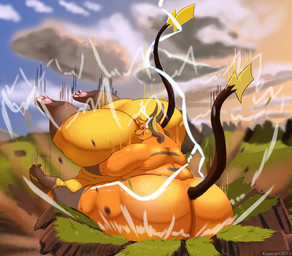 anthro big_butt butt cloud destruction duo electricity female female/female field fur huge_butt lightning obese obese_anthro obese_female orange_body orange_fur outside overweight overweight_anthro overweight_female sky thick_thighs wide_hips wrestling yellow_body yellow_fur kazecat nintendo pokemon cocoa_(cheesecaker) tesla_(cheesecaker) generation_1_pokemon mammal pokemon_(species) raichu rodent 2015