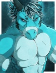 2013 abs aluminemsiren anthro athletic biceps black_hair black_horn blue_body blue_eyes blue_hair blue_skin blue_theme clothed clothing cool_colors dragon european_mythology front_view hair half-length_portrait hi_res horn looking_at_viewer male manly masculine_eyes muscular muscular_anthro mythological_creature mythological_scalie mythology pecs portrait pose scales scalie solo topless western_dragon white_hair