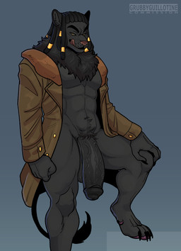 abs accessory anthro balls big_balls big_penis black_penis clothing coat doorway dreadlocks eyebrows genitals glans gold_(metal) gold_jewelry gradient_background hair_accessory huge_balls humanoid_genitalia humanoid_penis jewelry licking licking_lips male mane muscular muscular_anthro muscular_male penis simple_background solo standing tongue tongue_out topwear vein veiny_penis goryguillo horus_wild felid feline lion mammal pantherine absurd_res hi_res