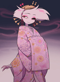 4_arms asian_clothing clothed clothing crossdressing east_asian_clothing fingers japanese_clothing kimono male multi_arm multi_limb solo enaic31 hazbin_hotel hellaverse angel_dust arachnid arthropod demon humanoid spider 2025 absurd_res digital_media_(artwork) hi_res