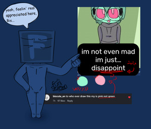 annoyed anthro blue_body blue_skin dialogue duo eyeless featureless_chest featureless_crotch for_a_head humor male male/male mouthless pointing_with_thumb rebuttal sarcasm skinny speech_bubble text funisexman instagram biscute funisexman_(funisexman) gastropod humanoid mollusk object_head snail censored english_text hi_res icon signature