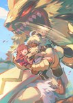 anthro bridal_carry brown_hair carrying_another evolutionary_family female fluffy flying fur group hair hair_over_eyes helicopter_ears long_ears long_hair male ponytail_ears yellow_body yellow_fur garrrzzz bandai_namco digimon digimon_ghost_game ruri_tsukiyono angoramon digimon_(species) human lagomorph lamortmon leporid mammal rabbit symbareangoramon