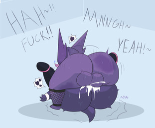 anthro balls big_balls big_butt bodily_fluids bracelet butt clothing cum cum_inside duo female femboy fishnet_clothing fishnet_legwear from_front_position genital_fluids genitals jewelry legwear male male/female mating_press moan motion_lines profanity purple_body purple_skin sex shortstack simple_background wide_hips novalewd nintendo pokemon micah_(novalewd) generation_1_pokemon generation_3_pokemon gengar humanoid pokemon_(species) sableye 2023 cel_shading digital_media_(artwork) hi_res shaded signature trans_(lore)