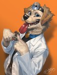 anthro blue_eyes claws clothing coat lab_coat male solo tongue tongue_out topwear ewademar bird_dog canid canine canis domestic_dog golden_retriever hunting_dog mammal retriever 3:4 absurd_res hi_res