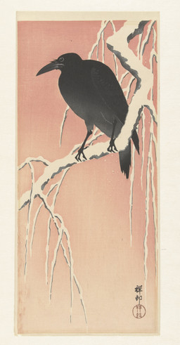 4_toes ambiguous_feral ambiguous_gender anisodactyl avian_feet beak biped bipedal_feral black_beak black_body black_feathers branch cjk_character feathered_wings feathers feet feral gradient_background on_branch simple_background snow solo standing tail tail_feathers three-quarter_view toes wings ohara_koson public_domain avian bird corvid corvus_(genus) crow oscine passerine 20th_century absurd_res ancient_art hi_res traditional_media_(artwork)