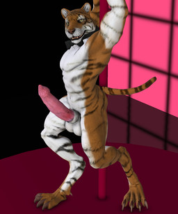 abs animal_genitalia animal_penis anthro balls biceps big_ears big_penis biped black_body black_fur bow_(feature) bow_tie claws clothing erection fangs fur genitals hair huge_penis looking_at_viewer male markings muscular muscular_anthro muscular_male nipples nude open_mouth orange_body orange_fur pecs penile_spines penis pole pose sheath smile solo standing stripes teeth toe_claws vein white_body white_fur yellow_eyes tapiko chi_(tapiko) felid mammal pantherine tiger 3d_(artwork) digital_media_(artwork)