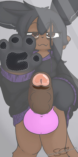 against_surface anthro balls black_clothing black_ears black_hair black_hoodie black_topwear brown_body brown_eyes brown_fur brown_penis brown_tail clothed clothing clothing_lift eye_bags foreskin fur genitals gynomorph hair hoodie intersex looking_at_viewer on_glass penis pink_clothing pink_underwear shirt shirt_lift smile solo standing tail text topwear underwear alator rikki_(alator) macropod mammal marsupial wallaby colored digital_drawing_(artwork) digital_media_(artwork) hi_res shaded signature url trans_(lore) trans_woman_(lore)
