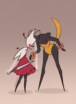 armor black_body black_exoskeleton blush cloak clothing exoskeleton female female/female hornet's_needle kissing melee_weapon pulled_down romantic rope size_difference sword weapon astralynx hollow_knight:_silksong hollow_knight_(franchise) team_cherry hornet_(hollow_knight) shakra_(hollow_knight:_silksong) arachnid arthropod insect spider hi_res