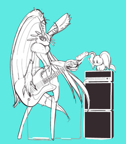 ambiguous_gender anthro antlers big_ears biped bipedal_feral blush blush_stickers chest_tuft countershade_torso countershading digitigrade duo feral fingernails fluffy fluffy_tail guitar head_wings holding_guitar holding_musical_instrument holding_object horn huge_wings looking_at_viewer loudspeaker mouthless musical_instrument nails neck_tuft notched_ear plucked_string_instrument pupils semi-anthro simple_background size_difference string_instrument tail teal_background three-quarter_view tuft unusual_wing_placement wings seiyui_hn kirby_(series) kirby_and_the_forgotten_land nintendo elfilin fecto_elfilis alien chinchillid mammal rodent starling_(kirby) black_and_white digital_drawing_(artwork) digital_media_(artwork) guide_lines hi_res monochrome male_(lore)