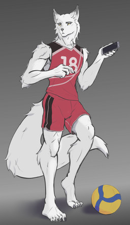 anthro athletic athletic_anthro athletic_male athletic_wear ball bottomwear cellphone claws clothed clothed_anthro clothed_male clothing ear_piercing ear_ring electronics feet finger_claws fingers fluffy fluffy_tail front_view frown fur gradient_background gym_bottomwear gym_shorts holding_cellphone holding_object holding_phone holding_smartphone humanoid_feet humanoid_hands long_tail looking_aside low-angle_view male phone piercing plantigrade red_bottomwear red_clothing red_shirt red_shorts red_tank_top red_topwear ring_piercing shadow shirt shorts simple_background smartphone solo standing tail tank_top toe_claws toes topwear white_body white_fur yellow_eyes reedeer tennis_ace haruki_koizumi canid canine canis mammal wolf hi_res