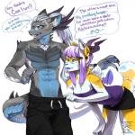 anthro bottomwear bottomwear_pull clothed clothing clothing_pull dialogue duo female horn male pants pants_pull show_me_yours standing text topless undressing grungecandy kedra_(grungecandy) kona_(grungecandy) canid canine demon hybrid mammal 1:1 english_text