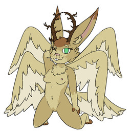 5_fingers 5_toes anthro breasts feet female fingers fur furred_wings genitals green_eyes horn kneeling looking_at_viewer multi_wing nipples one_eye_closed pose simple_background slim small_breasts small_waist solo tan_body tan_fur toes vulva white_background wings wink winking_at_viewer anonymous_artist dungeons_and_dragons hasbro wizards_of_the_coast aileen_degruise harengon 1:1 pinup