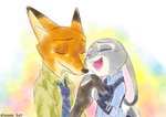 anthro bodily_fluids buckteeth clothed clothing duo ears_down eyes_closed fur grey_body grey_fur necktie open_mouth open_smile orange_body orange_fur pivoted_ears shirt smile tears teeth topwear izumi_h27 disney zootopia judy_hopps nick_wilde canid canine fox lagomorph leporid mammal rabbit red_fox true_fox 2020