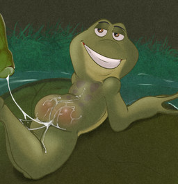 after_sex anthro bodily_fluids butt cum cum_in_ass cum_inside cum_on_butt cum_string disembodied_penis duo flaccid foreskin genital_fluids genitals humanoid_genitalia humanoid_penis lily_pad looking_back male male/male nude outside penis plant smile solo_focus illegaleel the_princess_and_the_frog prince_naveen amphibian frog hi_res