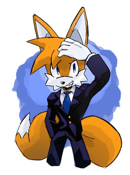 anthro blue_eyes blue_necktie bottomwear clothed clothing fur gloves hair hand_on_head handwear male necktie pants shirt simple_background smile solo suit tail teeth toothy_grin topwear f_khas sega sonic_the_hedgehog_(series) miles_prower canid canine fox mammal digital_media_(artwork)