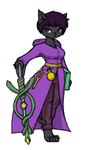 4_toes anthro barefoot belt black_body black_fur cloak clothing feet female fur hair potion purple_eyes purple_hair simple_background solo staff toes wand whike noita domestic_cat felid feline felis mammal hi_res