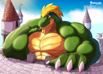 4_fingers anthro arm_support barazoku biceps big_muscles blonde_hair building castle cloud cloudy_sky cracks eye_scar facial_scar fingers green_body green_scales hair huge_muscles leaning_on_elbow logo macro male muscular muscular_arms outside overbite pecs scales scar sky solo tower yellow_body yellow_eyes yellow_scales koragos dungeons_and_dragons hasbro wizards_of_the_coast koragos_(character) lizardfolk_(dnd) lizardman scalie 2022 absurd_res artist_logo dated digital_media_(artwork) hi_res