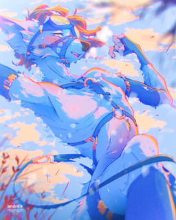 anthro big_ears bodily_fluids cheek_tuft clothing cold detailed_background exhausted eyebrows eyewear eyewear_on_head facial_tuft fur goggles goggles_on_head grey_body grey_fur hair harness inner_ear_fluff leash looking_at_viewer lying male on_back open_mouth orange_eyes outside plant red_hair sled_harness snow solo sweat tail teeth tired tree tuft andre_moraph andre_moraph_(character) canid canine canis mammal wolf 2025 4:5 absurd_res digital_drawing_(artwork) digital_media_(artwork) hi_res signature