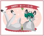 alcohol anthro antlers beverage blush border bow_ribbon butt champagne fluffy fluffy_tail green_eyes green_hair green_tongue hair heart_(marking) holidays hooves horn legs_up male markings mistletoe nipples nude one_eye_closed plant rug simple_background solo spots spotted_markings star tail tongue tongue_out white_border wink hoofydeer happy_nude_deer new_year val_(hoofydeer) deer mammal hi_res