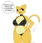 alternative_fashion anthro belly big_breasts bra breasts choker clothing countershading dialogue exposure_variation eyeshadow female front_view frown fur goth hand_on_hip jewelry lace_bra looking_aside makeup navel necklace open_mouth panties potbelly punk slightly_chubby solo speech_bubble standing talking_to_viewer text tsundere underwear wide_hips yellow_body yellow_fur yellow_sclera dpronin microsoft prequel_adventure the_elder_scrolls katia_managan felid feline khajiit mammal 2022 digital_media_(artwork) english_text