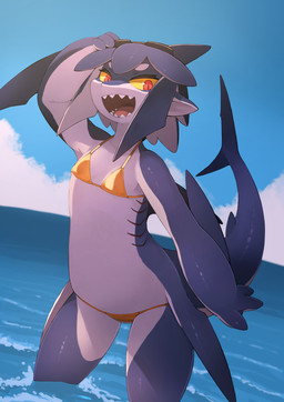 3_fingers anthro arm_fin big_tail bikini biped blue_body blue_ears blue_skin breasts clothed clothing cloud countershade_arms countershade_face countershade_hands countershade_neck countershade_tail countershade_torso countershading day detailed_background eyewear eyewear_on_head female female_anthro fin fingers flat_chested front_view gills glistening glistening_body glistening_skin goggles goggles_on_head gold_bikini head_fin hip_fins kemono light looking_at_viewer midriff multicolored_body multicolored_ears multicolored_skin multicolored_tail navel non-mammal_breasts open_mouth open_smile outside partially_submerged pink_tongue pseudo_hair red_eyes sea sharp_teeth sky small_breasts smile solo standing standing_in_water string_bikini swimwear tail tail_fin teeth three-quarter_view tongue torso_gills triangle_bikini two-piece_swimsuit two_tone_body two_tone_ears two_tone_skin two_tone_tail water white_body white_countershading white_ears white_inner_ear white_skin yellow_bikini yellow_clothing yellow_sclera yellow_swimwear kamukamu6392 golden_week aquatic fish shark colored digital_media_(artwork) hi_res lighting portrait shaded three-quarter_portrait