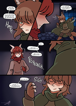 animal_ears bodily_fluids brown_hair clawed_hands clothed clothing dialogue female green_eyes hair horn inside male monster_girl_(genre) open_mouth red_hair simple_background sweat sweatdrop text shriekingmagpie horned_humanoid humanoid comic digital_media_(artwork) english_text hi_res