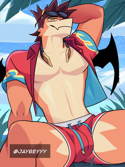anthro athletic black_wings bottomwear brown_hair clothed clothing eyewear eyewear_on_head flesh_fang hair hand_behind_head male neck_accessory open_clothing open_shirt open_topwear orange_body orange_eyes pecs raised_arm red_bottomwear red_clothing red_shorts shirt shorts solo spread_legs spreading sunglasses sunglasses_on_head text topwear wearing_sunglasses wings jaybeyyy mythology aldrake_(jaybeyyy) dragon mythological_creature mythological_scalie scalie 3:4 artist_name digital_media_(artwork) hi_res