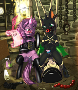 anal anal_beads anal_masturbation anal_penetration armwear ball_gag bdsm blush bodily_fluids bondage bound breathable_gag chain clothed clothing collar corset cuff_(restraint) dildo dildo_sitting dominant dominant_female dominatrix dungeon duo elbow_gloves erection fangs female gag gagged genitals gloves glowing green_eyes group_masturbation hair handwear horn insect_wings inside interspecies legwear levitation licking licking_lips lingerie loose_feather magic male male/female masturbation nude penetration penile penile_masturbation penis purple_eyes purple_hair quill restraints saliva scroll self_lick sex_toy sex_toy_background shackles smile sparkles stockings submissive submissive_male sybian teeth text thigh_highs tongue tongue_out topwear toying_self vaginal vaginal_masturbation vibrator vibrator_on_penis vulva wings siberwar friendship_is_magic hasbro my_little_pony mythology fan_character killereye_darkstone vesairus arthropod changeling_(mlp) equid equine mammal mythological_creature mythological_equine unicorn 2012 absurd_res english_text hi_res