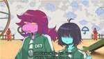 anthro bodily_fluids caption clothed clothing duo female hair humor inside long_hair male parody profanity purple_body purple_hair real screencap screencap_background star sweat sweatdrop text sashabun deltarune kris_where_are_we netflix squid_game undertale_(series) guard_(squid_game) kris_(deltarune) susie_(deltarune) dinosaur human mammal prehistoric_species reptile scalie 2021 english_text hi_res meme