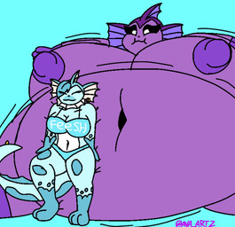 anthro big_breasts bloated bra breasts clothing duo eyebrow_through_hair eyebrows female hair inflation morbidly_obese nipples obese overweight panties text translucent translucent_hair underwear ava_nightcap nintendo pokemon eeveelution generation_1_pokemon pokemon_(species) shiny_pokemon vaporeon artist_name hi_res