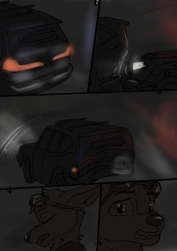 anthro car crash driving ears_back escaping highway male pivoted_ears police post-apocalyptic scared shooting_gun solo vehicle wolfyalex96 canid canine fox mammal hi_res