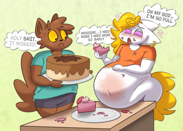 anthro belly belly_on_table big_belly blonde_hair blue_clothing blue_shirt blue_topwear blush bodily_fluids bottomwear brown_body brown_fur cake clothed clothing clothing_lift crumbs_on_face dessert dialogue duo ear_piercing empty_plate fluffy fluffy_tail food force_feeding forced frosting frosting_on_face fur furniture hair hand_on_belly head_tuft holding_food holding_object huge_belly hyper hyper_belly hypnosis hypnotic_eyes ill-fitting_clothing male male/male messy_eater mind_control navel orange_clothing orange_shirt orange_topwear overeating piercing profanity shirt shirt_lift slice_of_cake spiral spiral_eyes stuffing sweat swirls table tail text thought_bubble topwear tuft weight_gain white_body white_fur yellow_eyes ranchysnax domestic_cat felid feline felis mammal english_text hi_res